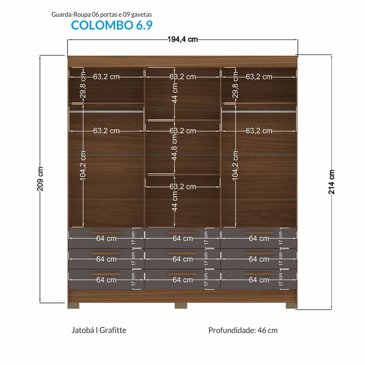 Clóset Onessta Colombo 6 Puertas 9 Cajones Jatoba