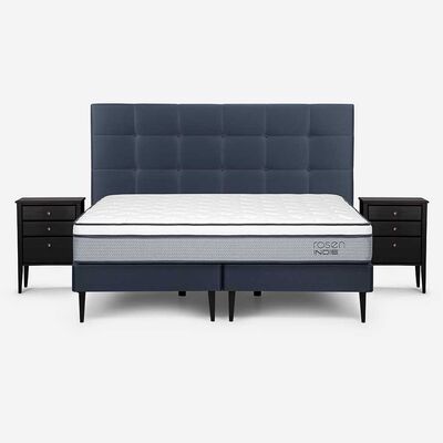 Cama Europea Rosen Base Dividida King Indie + Respaldo + 2 Veladores Issey Azul