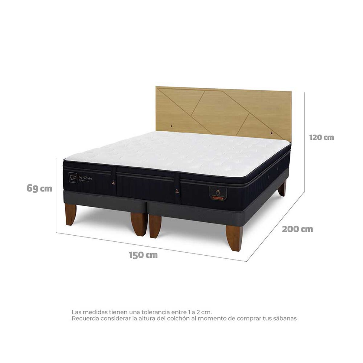 Cama Europea CIC Base Dividida 2 Plazas S&uacute;per Premium + Respaldo Villarrica Mostaza