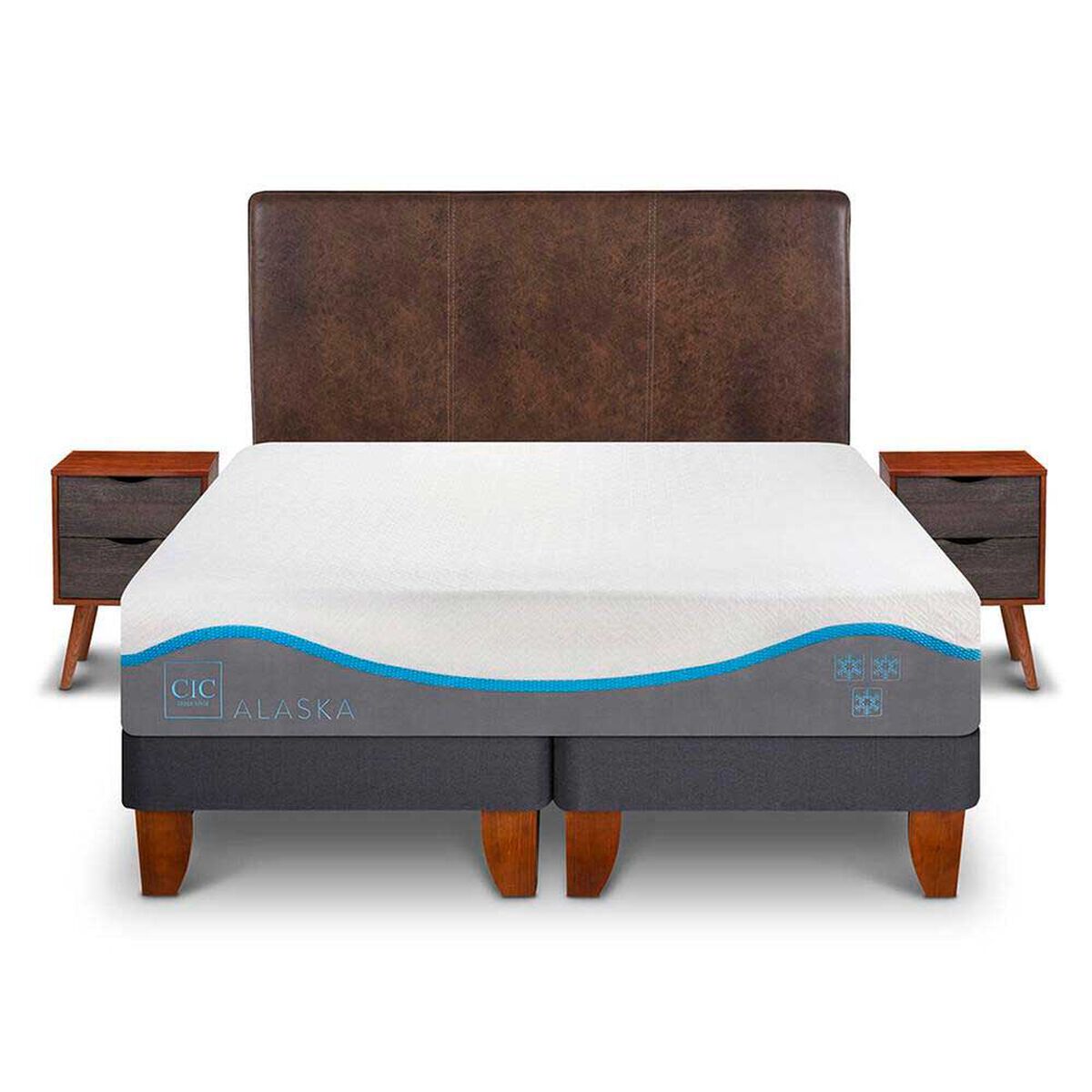 Cama Europea CIC Base Dividida 2 Plazas Alaska + Respaldo + 2 Veladores
