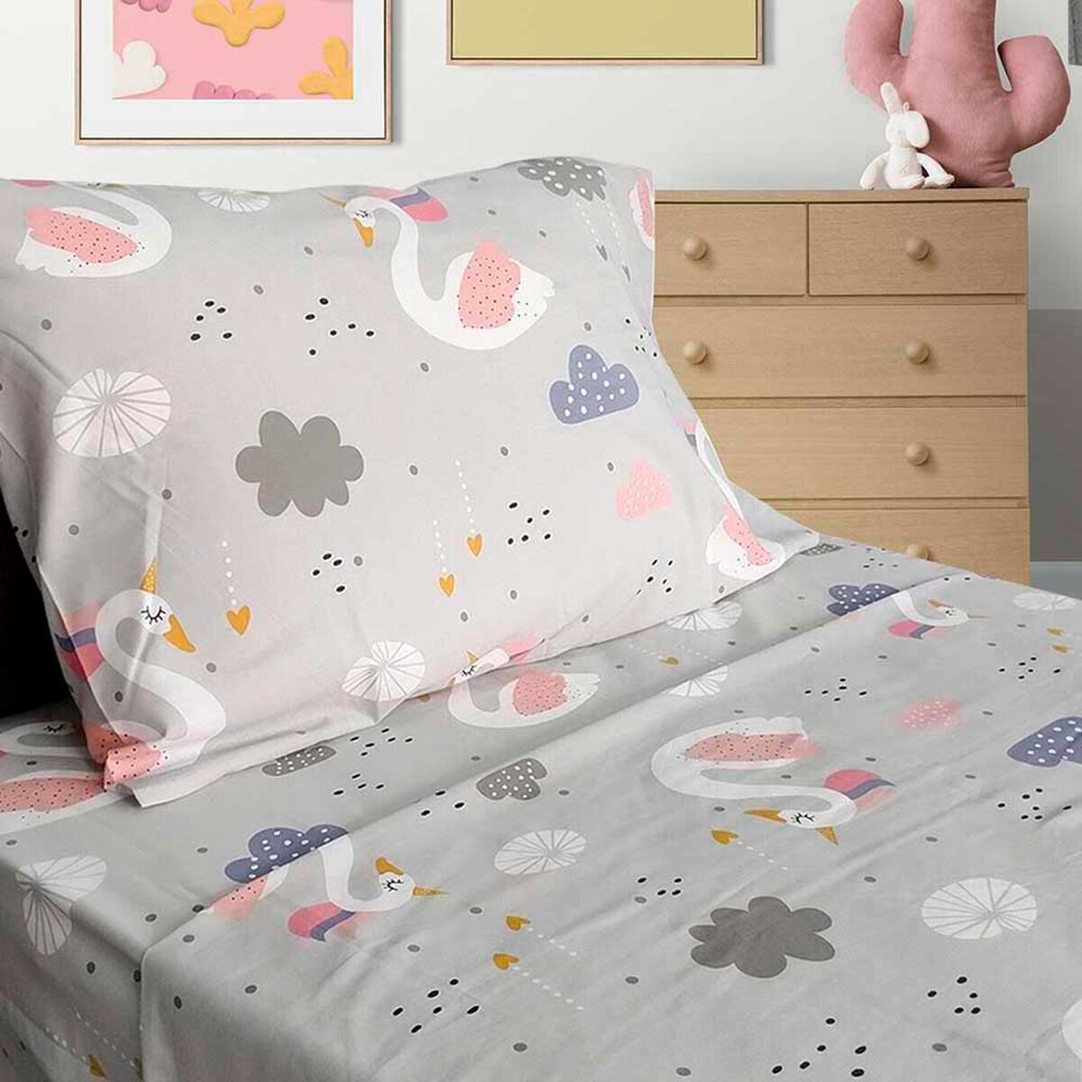Juego de S&aacute;banas Infantil Illusions 144 Hilos 1,5 Plazas Swan Gris