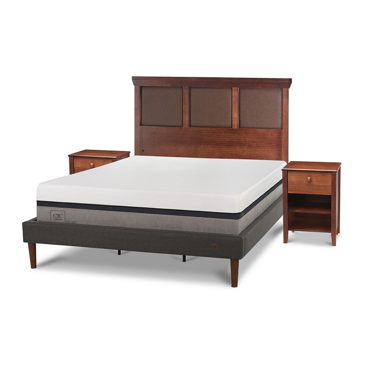 Cama Europea CIC Curve King Balance + Respaldo + 2 Veladores New Torino Caramelo