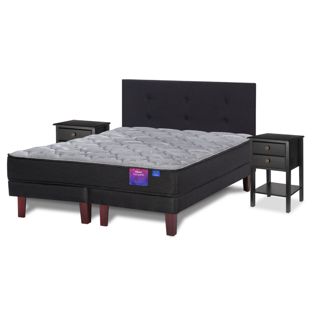 Cama Europea Flex 2 Plazas Therapedic Plus  + Respaldo Royal Negro + 2 Veladores Rover