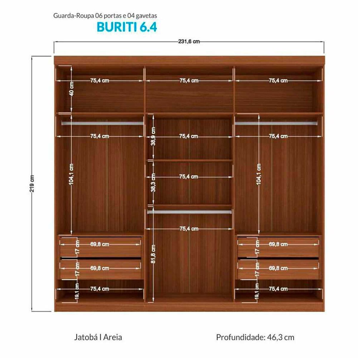 Cl&oacute;set Onessta Buriti 6 Puertas 4 Cajones Jatoba Grafito