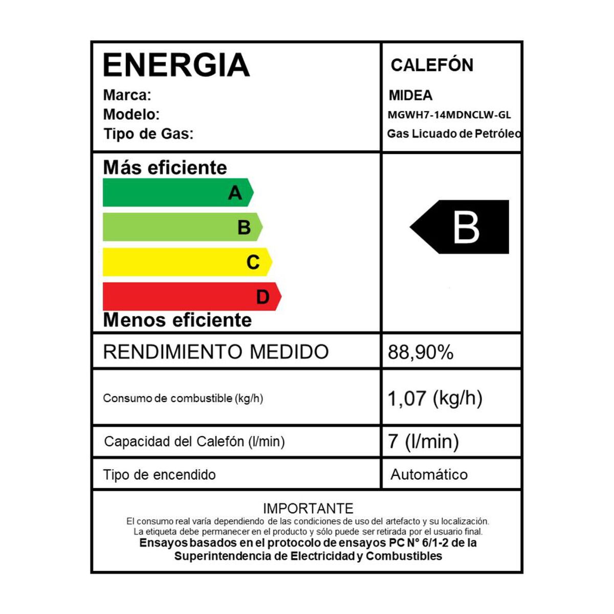 Calefont Gas Licuado Midea MGWH7-14MDNCLW-GL Tiro Natural 7 lts.