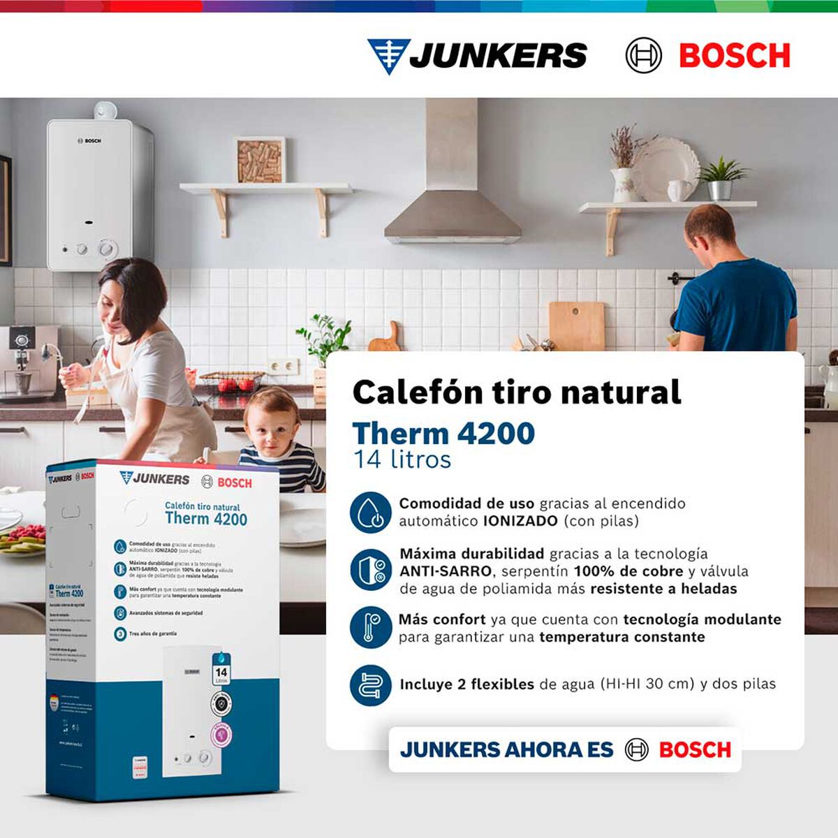 Calef&oacute;n 14 litros gas natural tiro natural Junkers Bosch Therm 4200