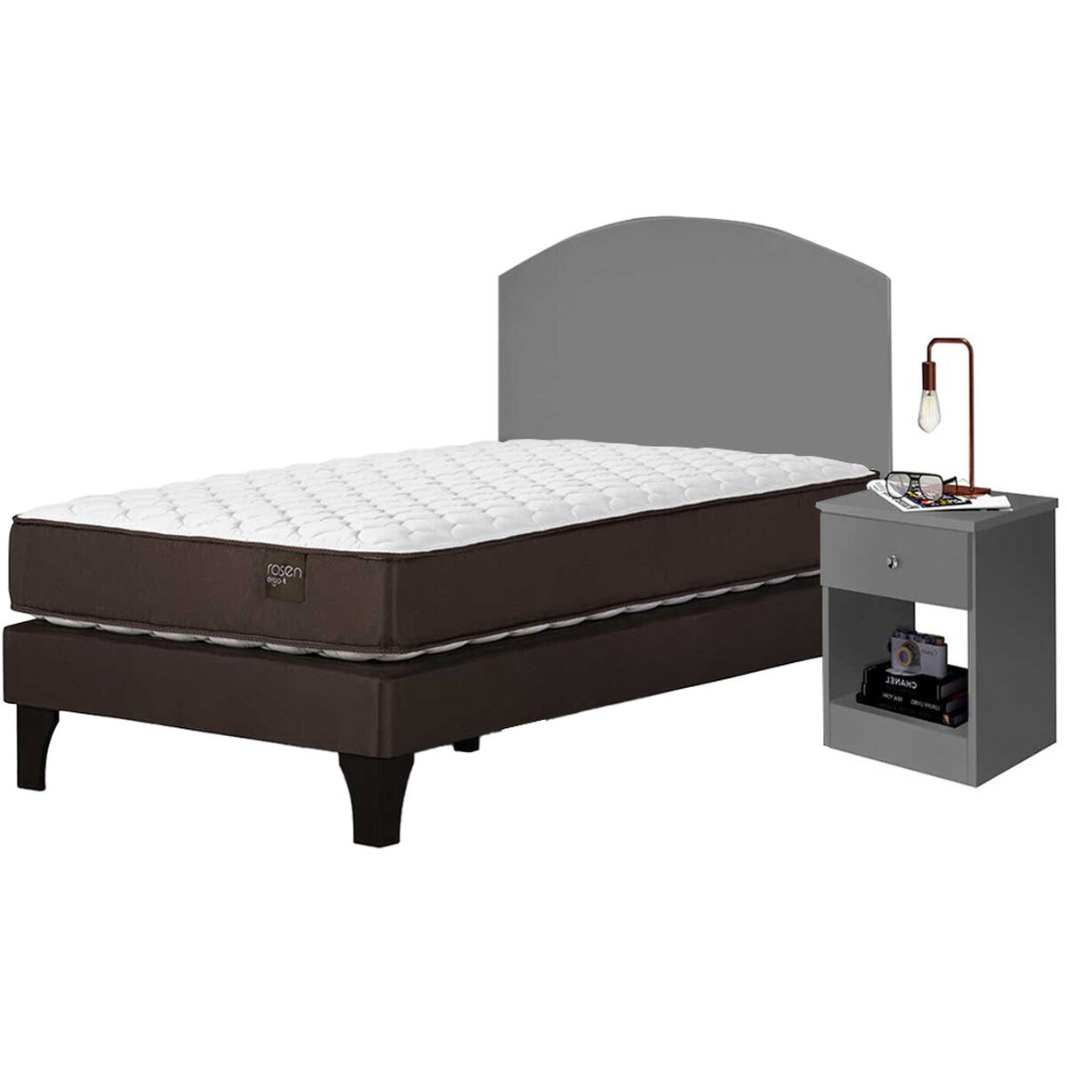 Combo Cama Europea Rosen 1,5 Plazas Ergo T + Respaldo + Velador Casanova 1,5 Plazas Gris