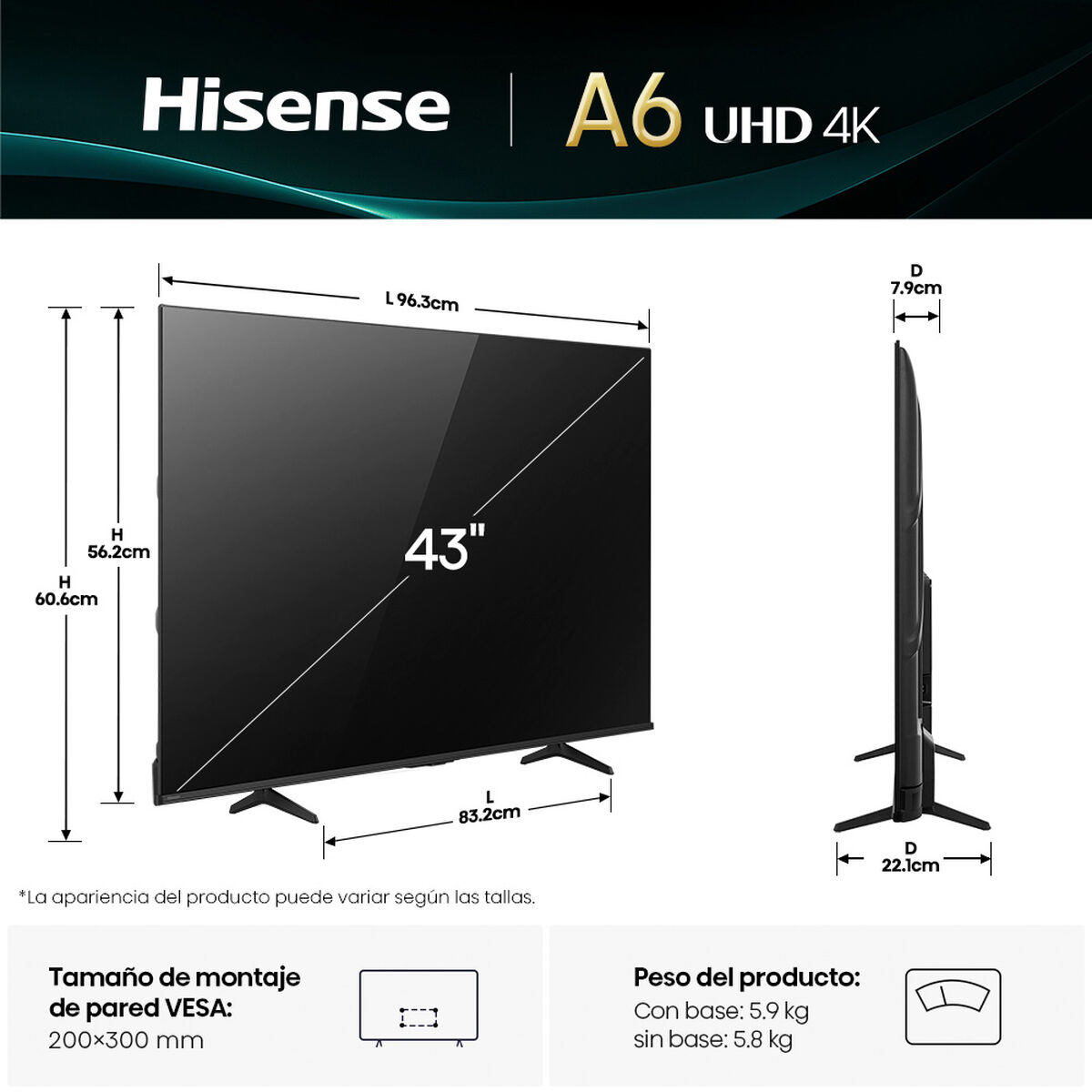 LED 43" Hisense 43A6NV Smart TV Ultra HD 4K