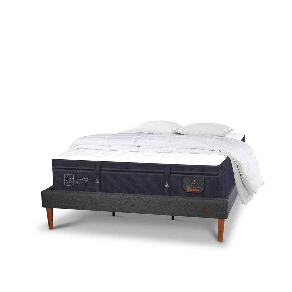 Cama Europea CIC King S&uacute;per Premium + Almohadas Viscoel&aacute;sticas + Plum&oacute;n