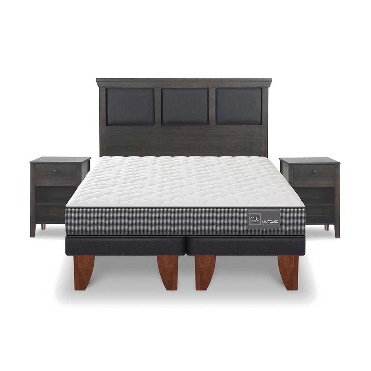 Cama Europea CIC Base Dividida 2 Plazas Anatomic + Respaldo + 2 Veladores Torino