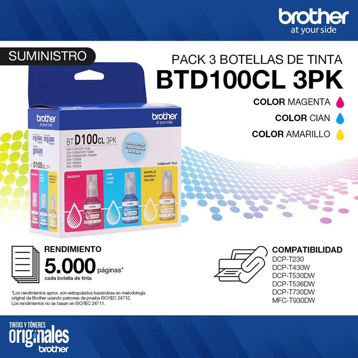 Pack 3 Tintas Brother BTD100CL3PK Cian, Magenta y Amarillo