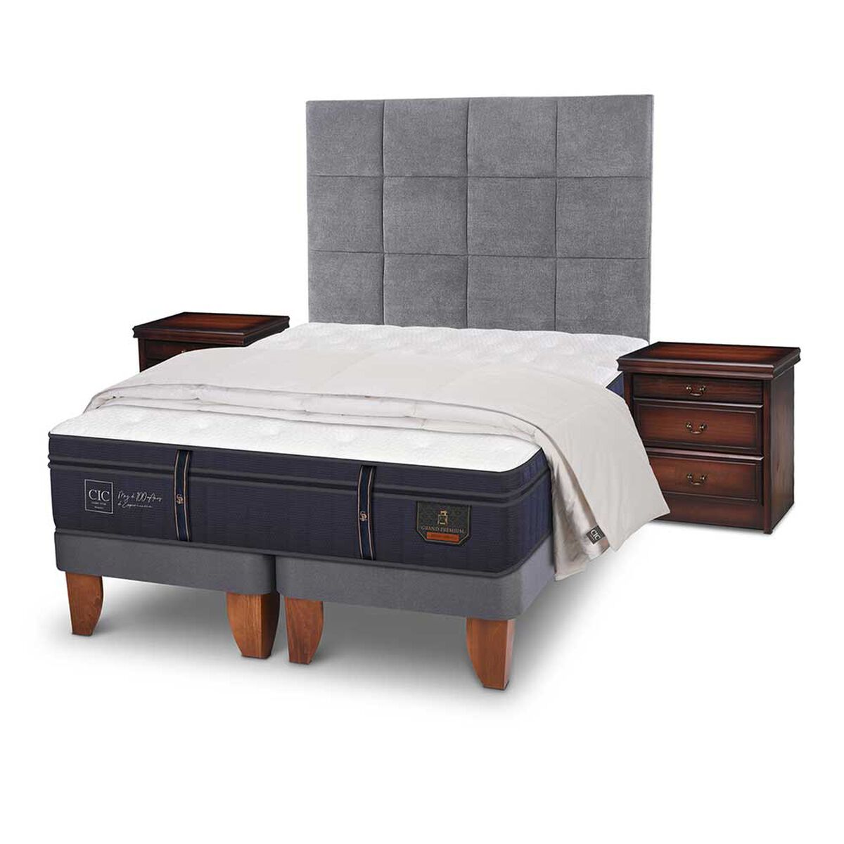 Cama Europea CIC Base Dividida S&uacute;per King Grand Premium + Respaldo + Veladores + Plum&oacute;n Ganso