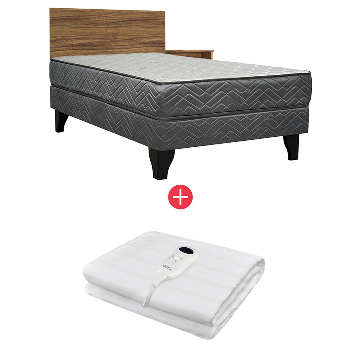 Combo Cama Europea Celta 1,5 Plazas New Atlantis + Respaldo 1,5 Plazas + Velador Casanova Nogal + Calientacama An&aacute;logo Kioto CC1 1 Plaza