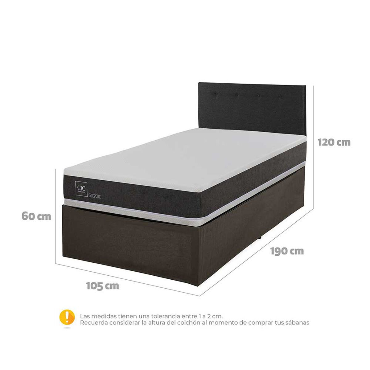 Cama Europea CIC Iron Smart 1,5 Plazas Ortopedic + Respaldo Black Tapizado + Faldón