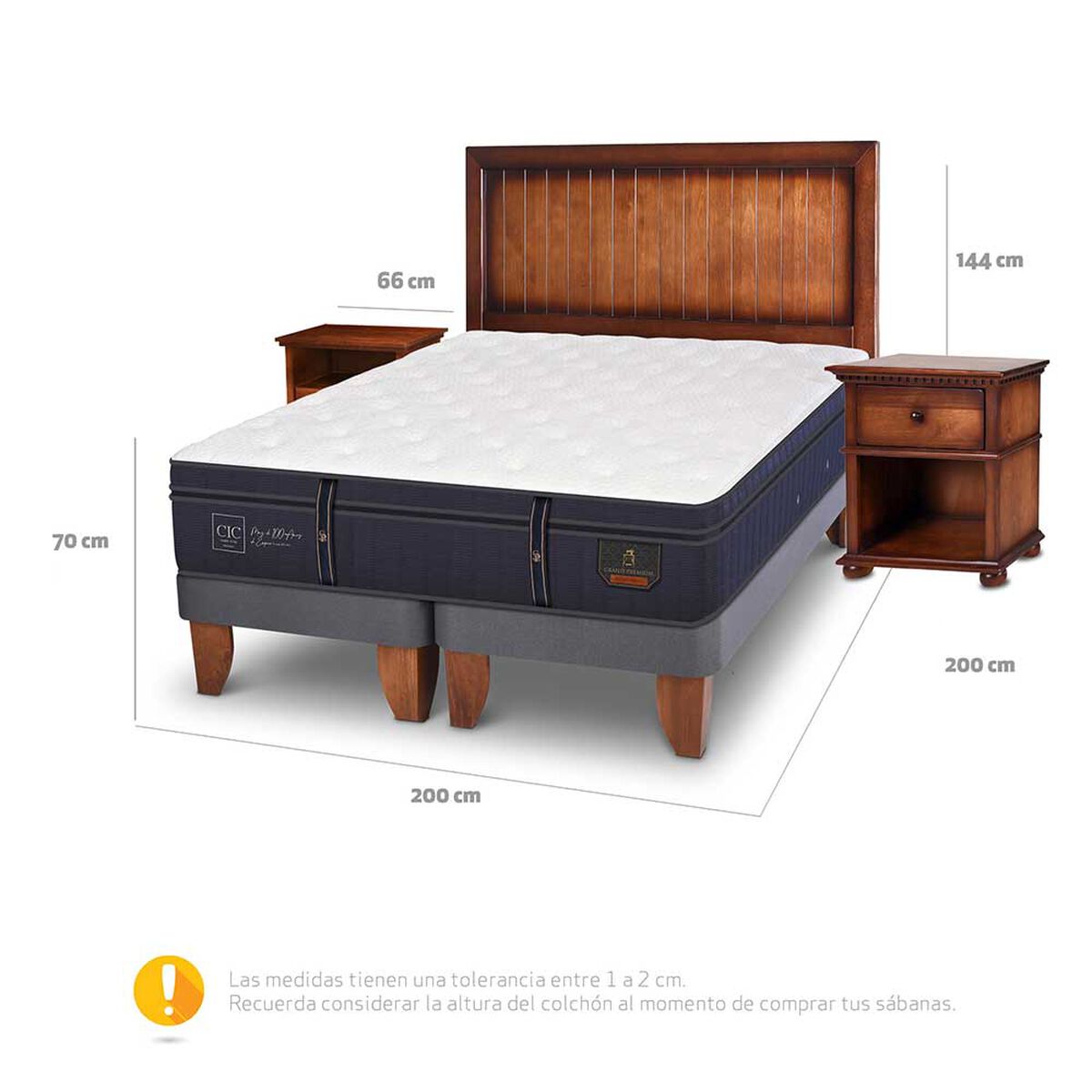 Cama Europea CIC Base Dividida S&uacute;per King Grand Premium + Respaldo + Veladores