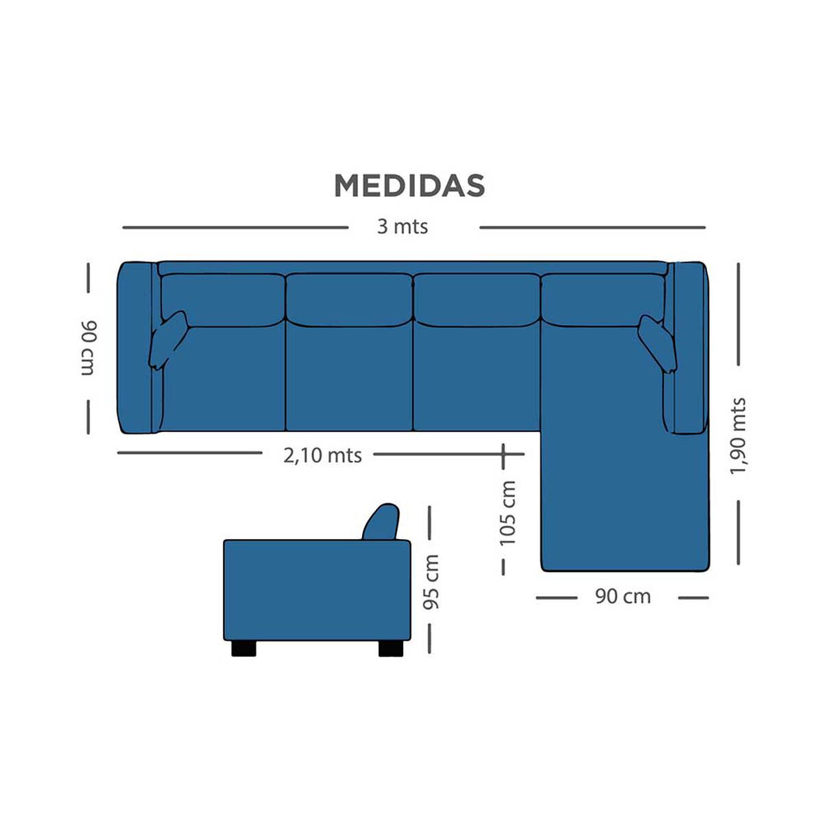 Sofá Seccional Derecho Living Factory Capri 5 Cuerpos Azul Piedra