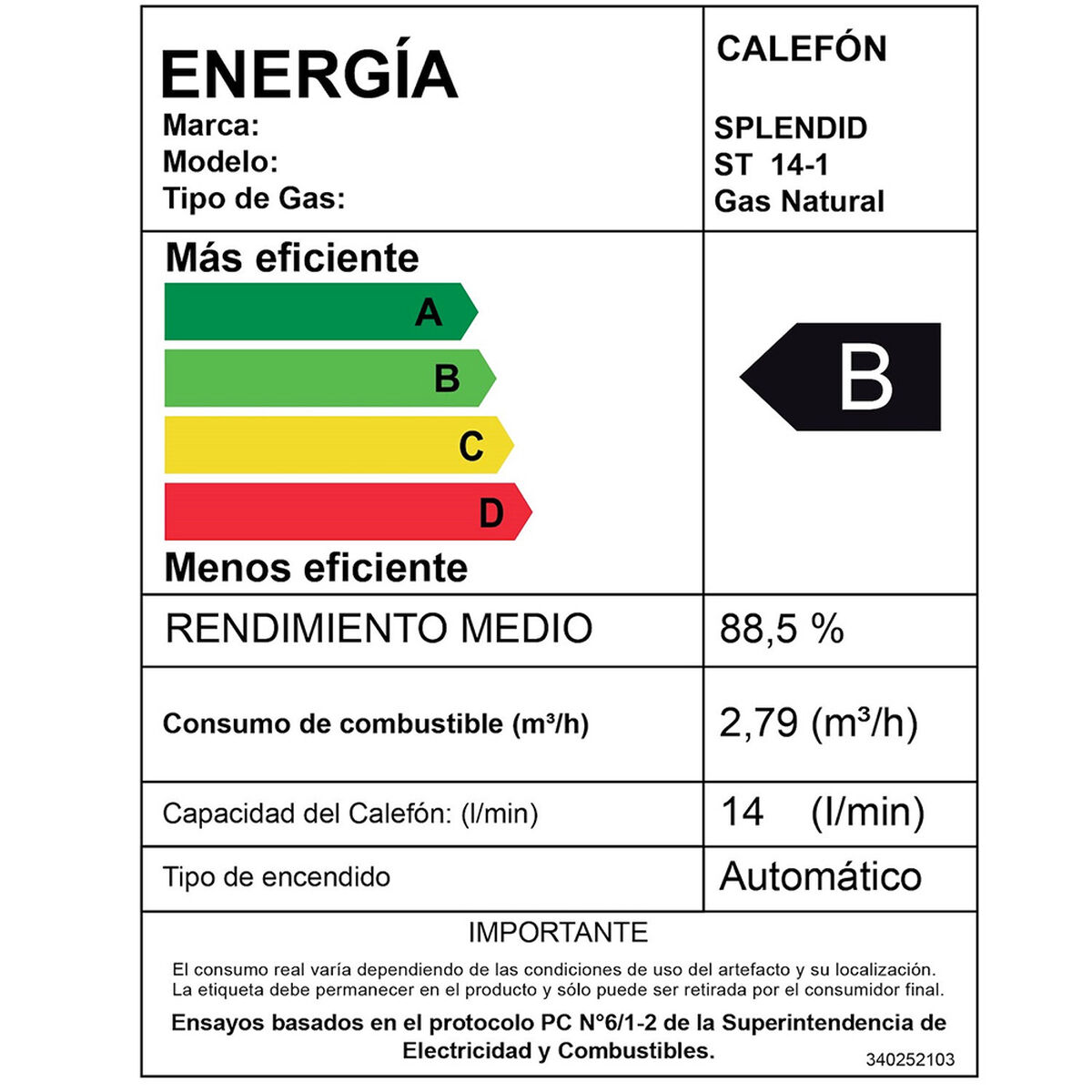 Calefont Gas Natural Splendid Tiro Natural Templatech 14 lts.