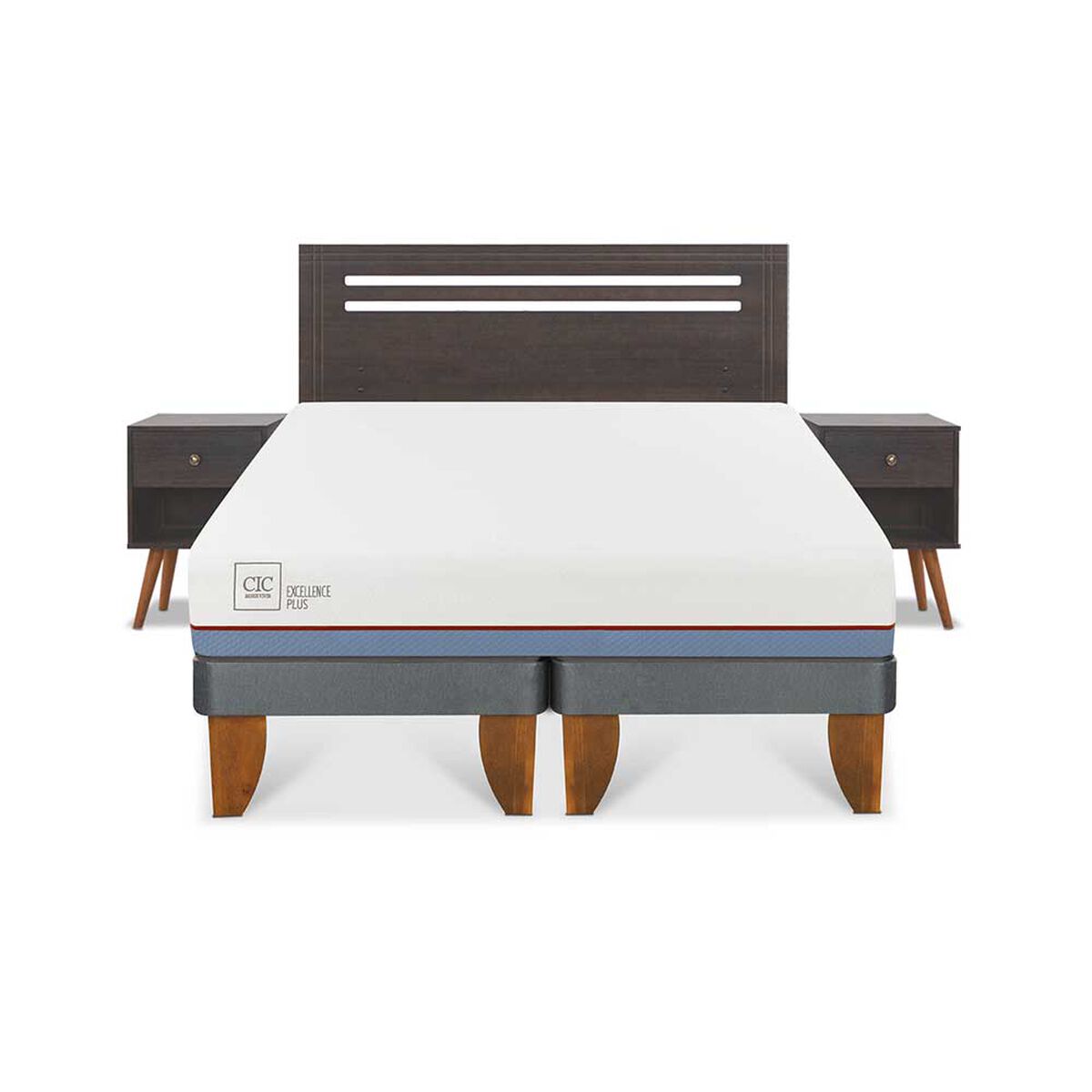 Cama Europea CIC Base Dividida 2 Plazas Excellence Plus + Respaldo + 2 Veladores Munich