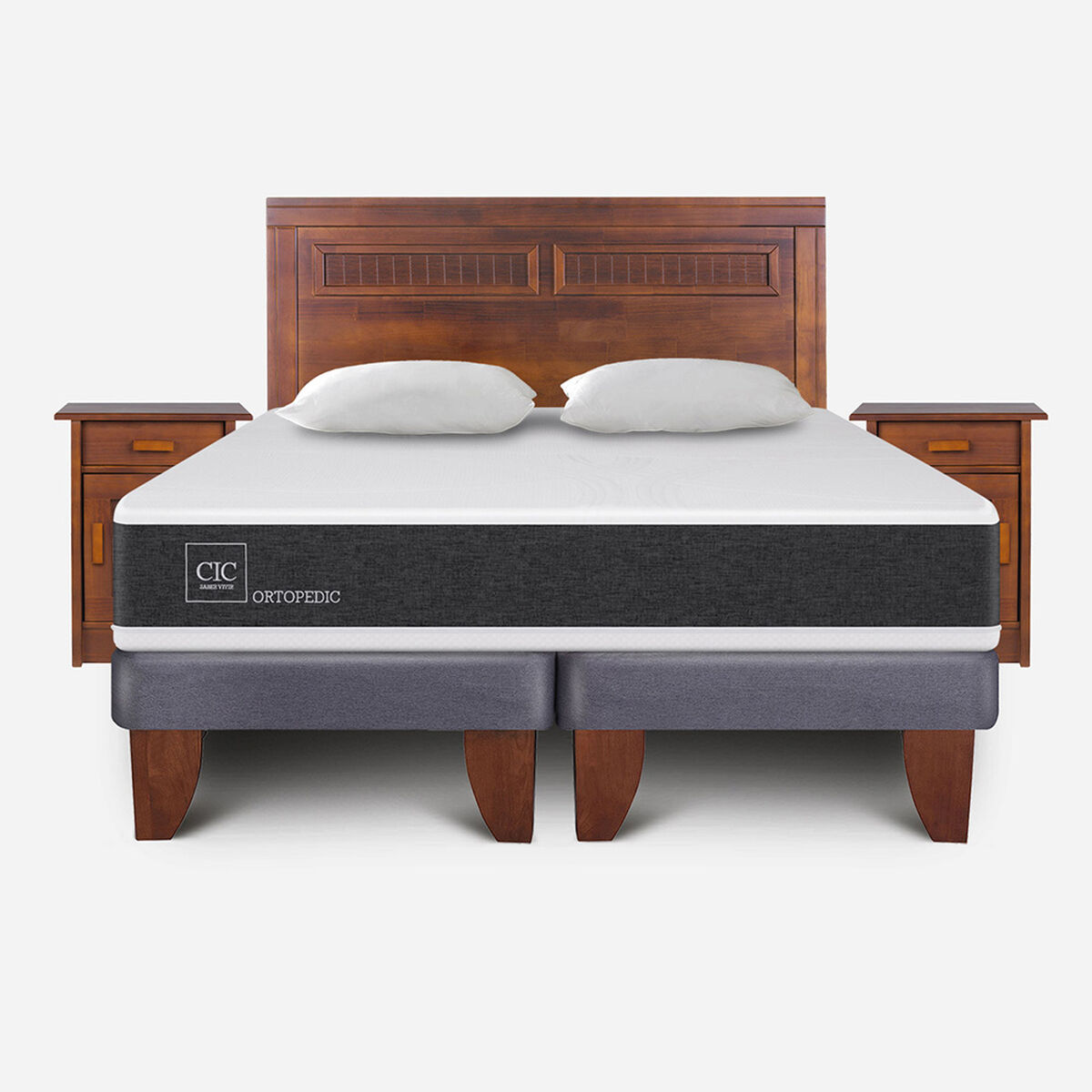 Cama Europea CIC Base Dividida King New Ortopedic + Respaldo + 2 Velador Milán + Almohadas