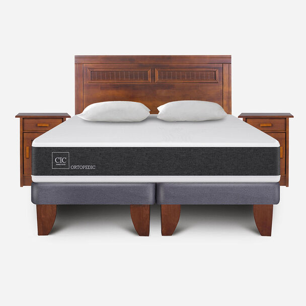 Cama Europea CIC Base Dividida King New Ortopedic + Respaldo + 2 Velador Milán + Almohadas