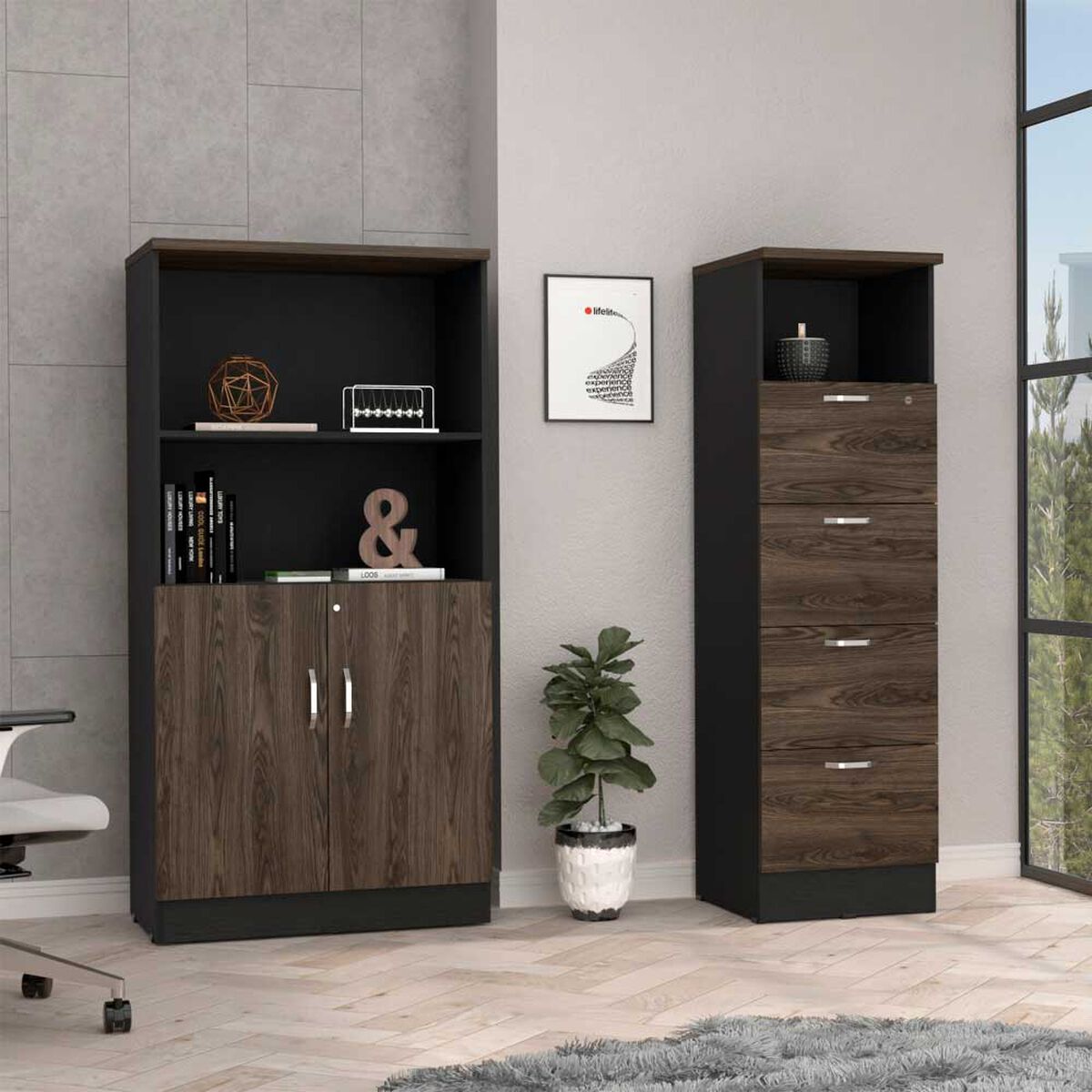 Combo Archivador 4 Cajones + Gabinete 2 Puertas TuHome Home Office Negro Soft-Coñac