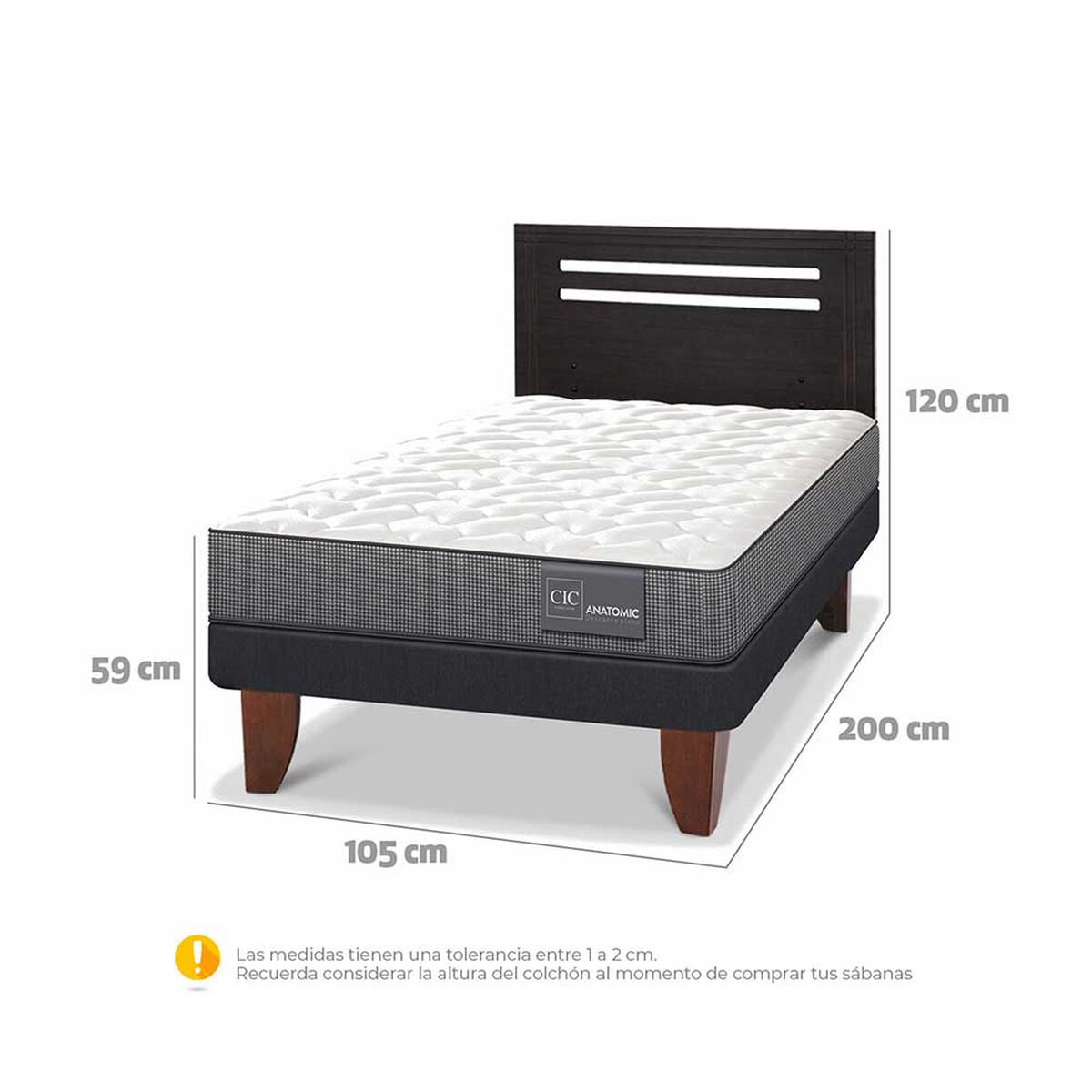 Cama Europea CIC 1,5 Plazas Anatomic + Respaldo Munich Negro
