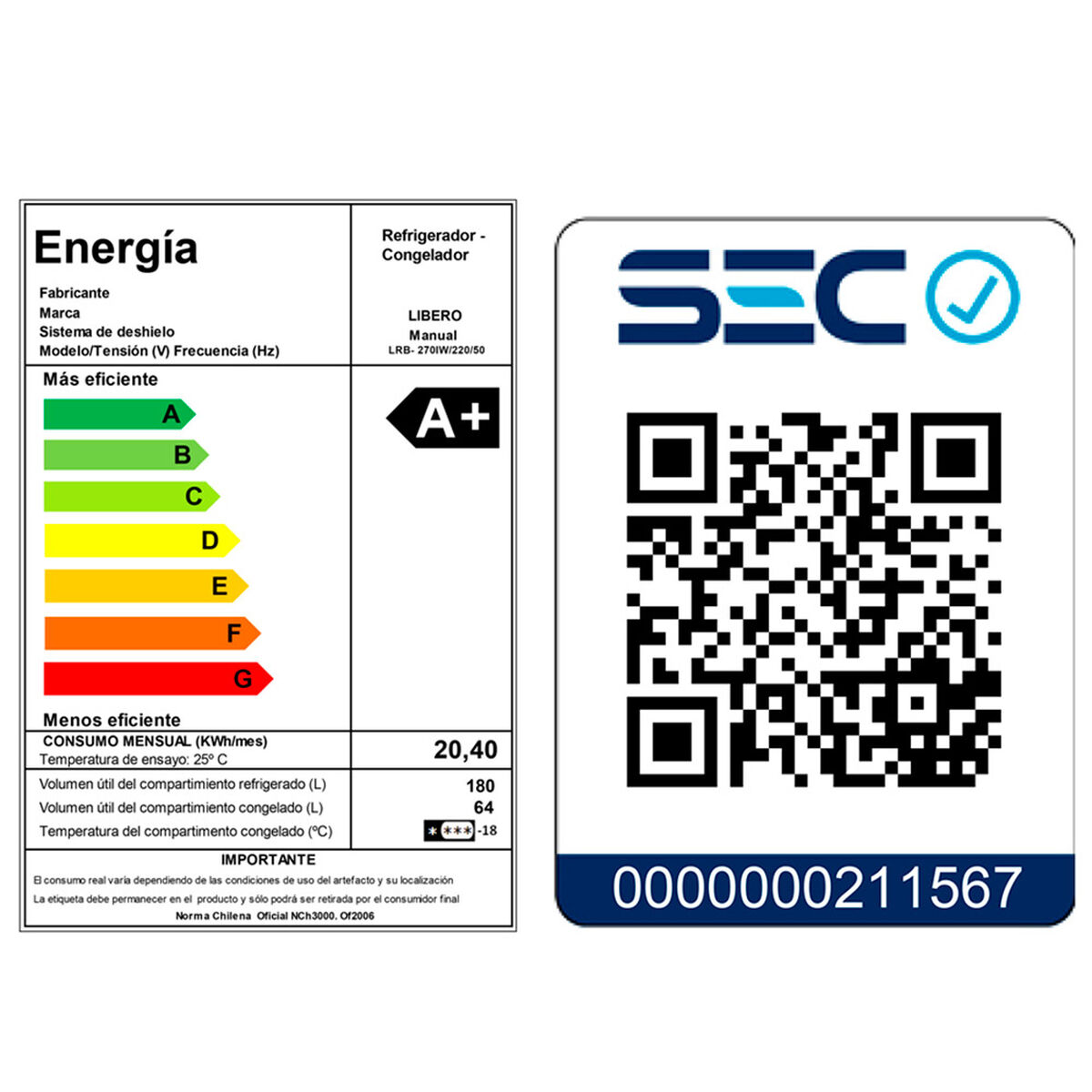 Refrigerador Combi Frío Directo Libero 270IW 244 lt