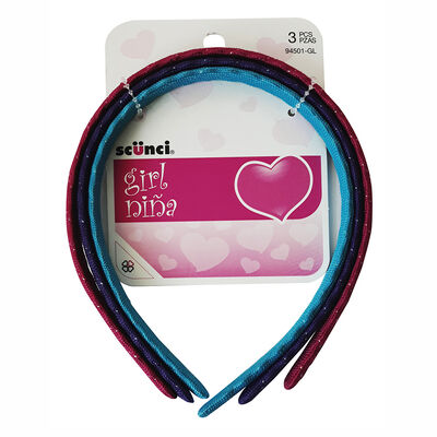 Set Cintillos Plástico Niña Morado, Rosado y Celeste, 3 Piezas