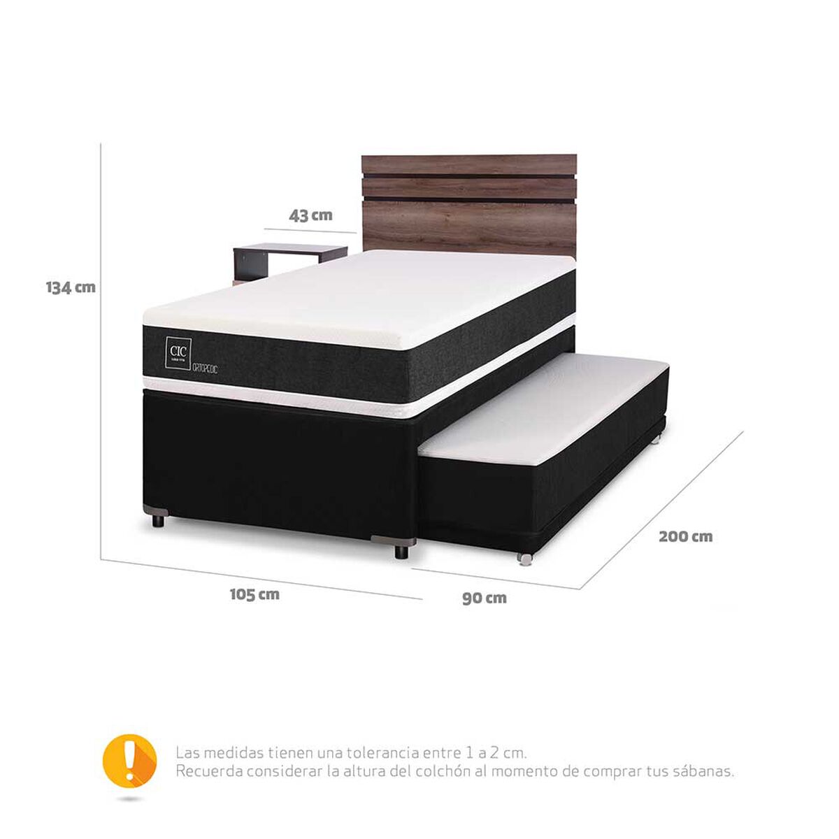 Cama Nido CIC 1,5 Plazas Arriba y 1 Plaza Abajo Ortopedic + Respaldo + Velador Ares 