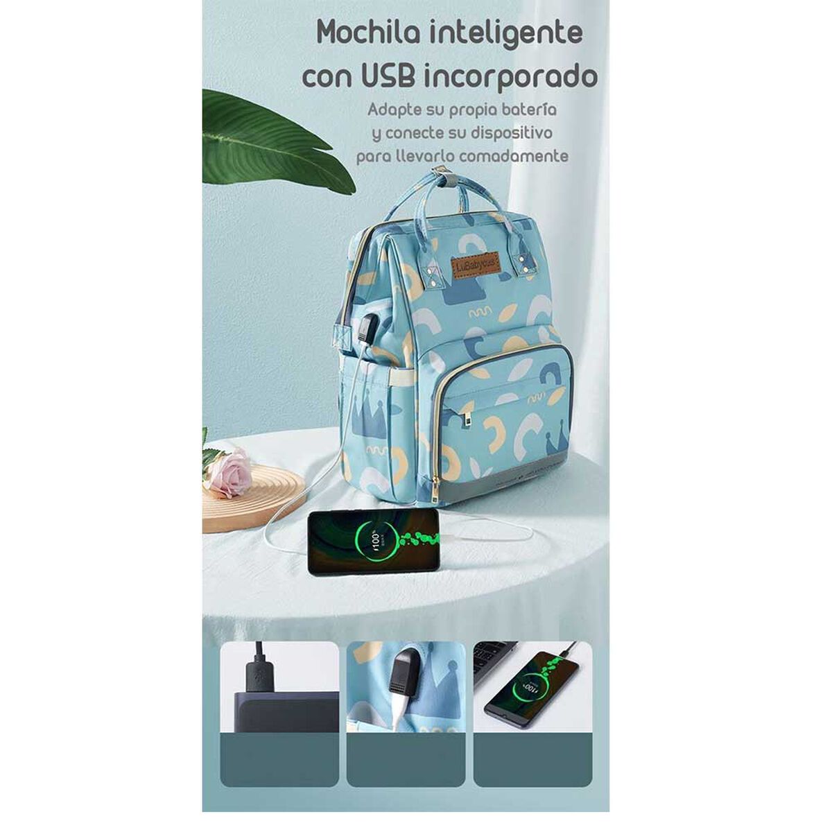 Mochila Maternal Impermeable con Usb Lubabycas Gris