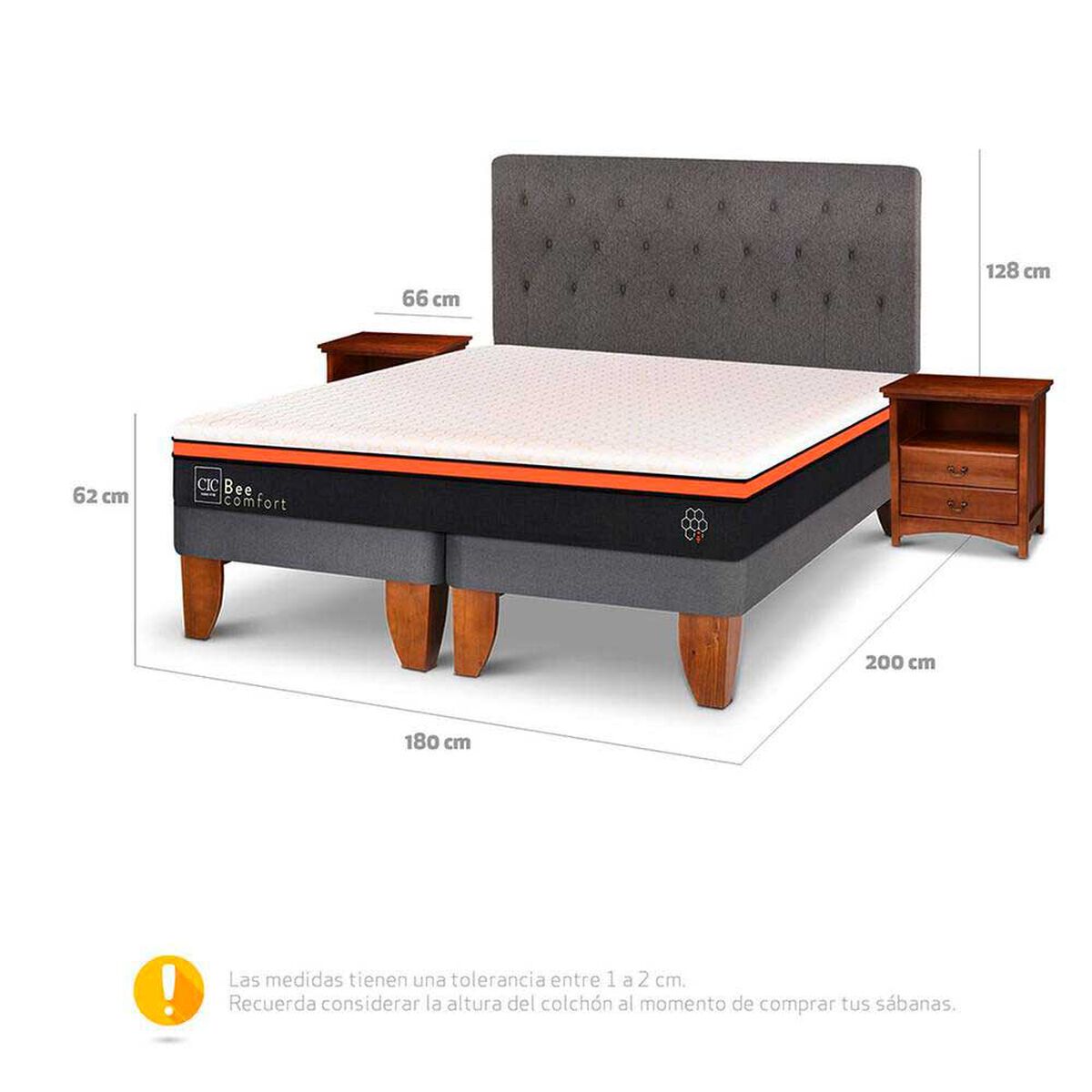 Cama Europea CIC Base Dividida King Bee Comfort + Respaldo + 2 Veladores