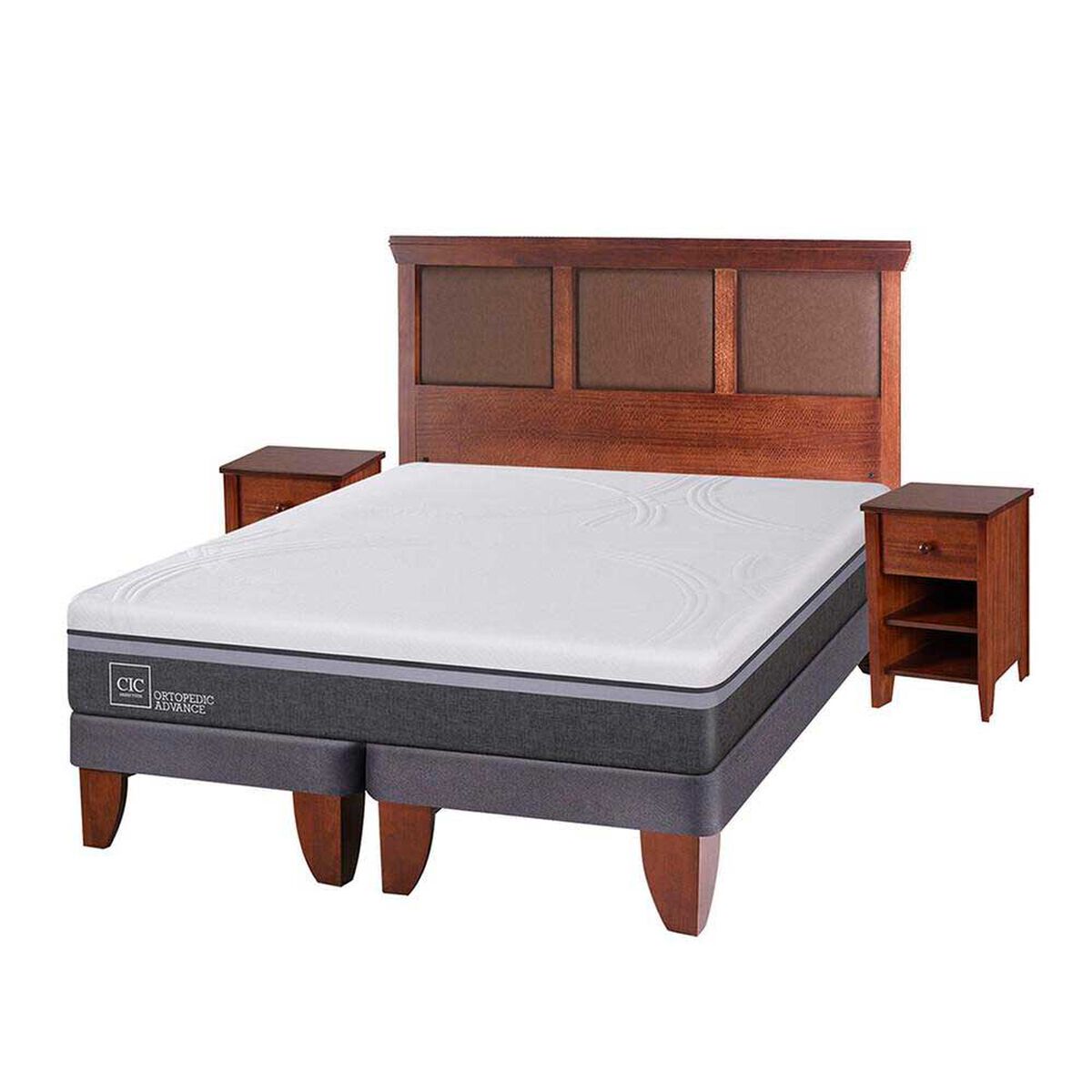 Cama Europea CIC Base Dividida King Ortopedic Advance + Respaldo + 2 Veladores New Torino