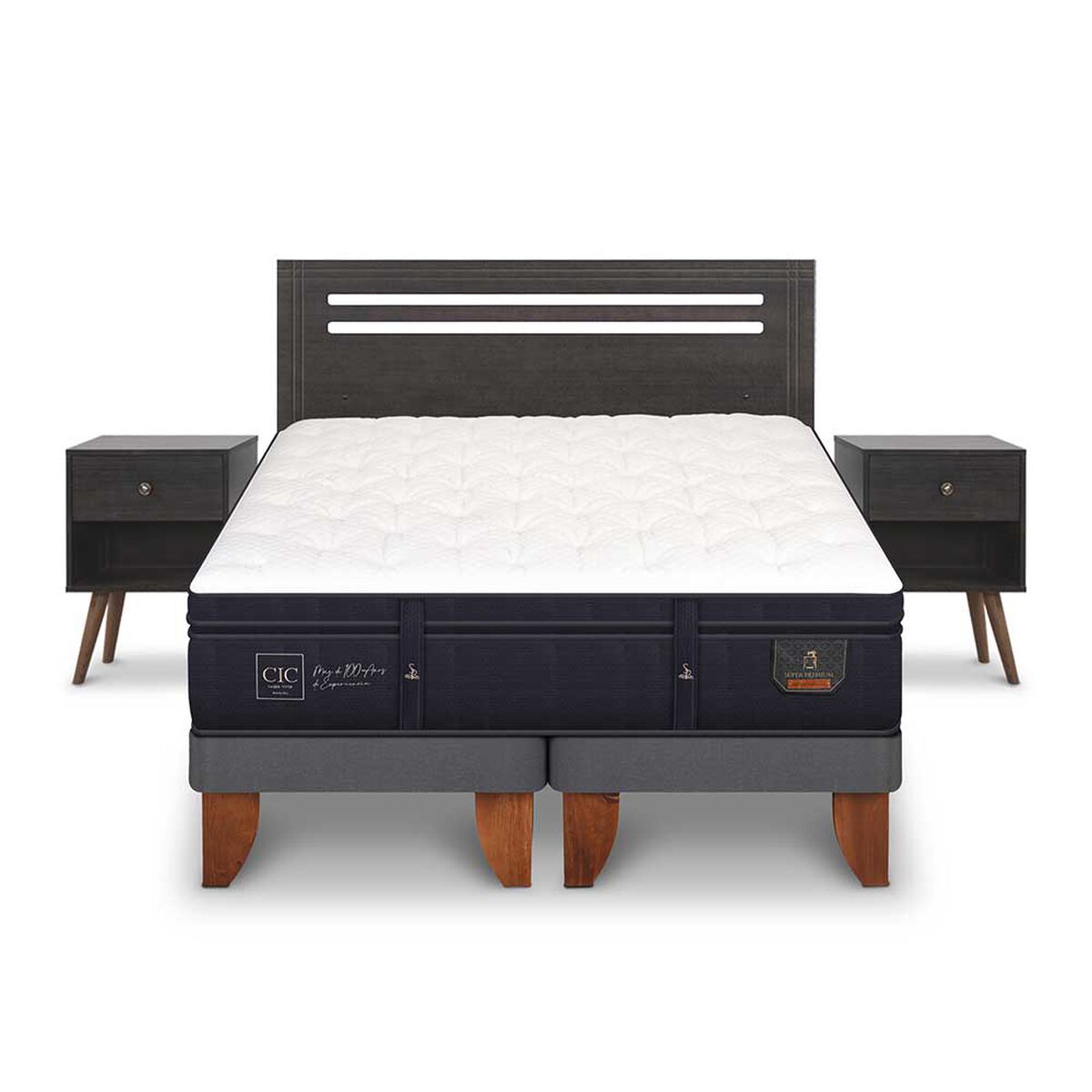 Cama Europea CIC Base Dividida 2 Plazas Súper Premium + Respaldo + 2 Veladores Munich
