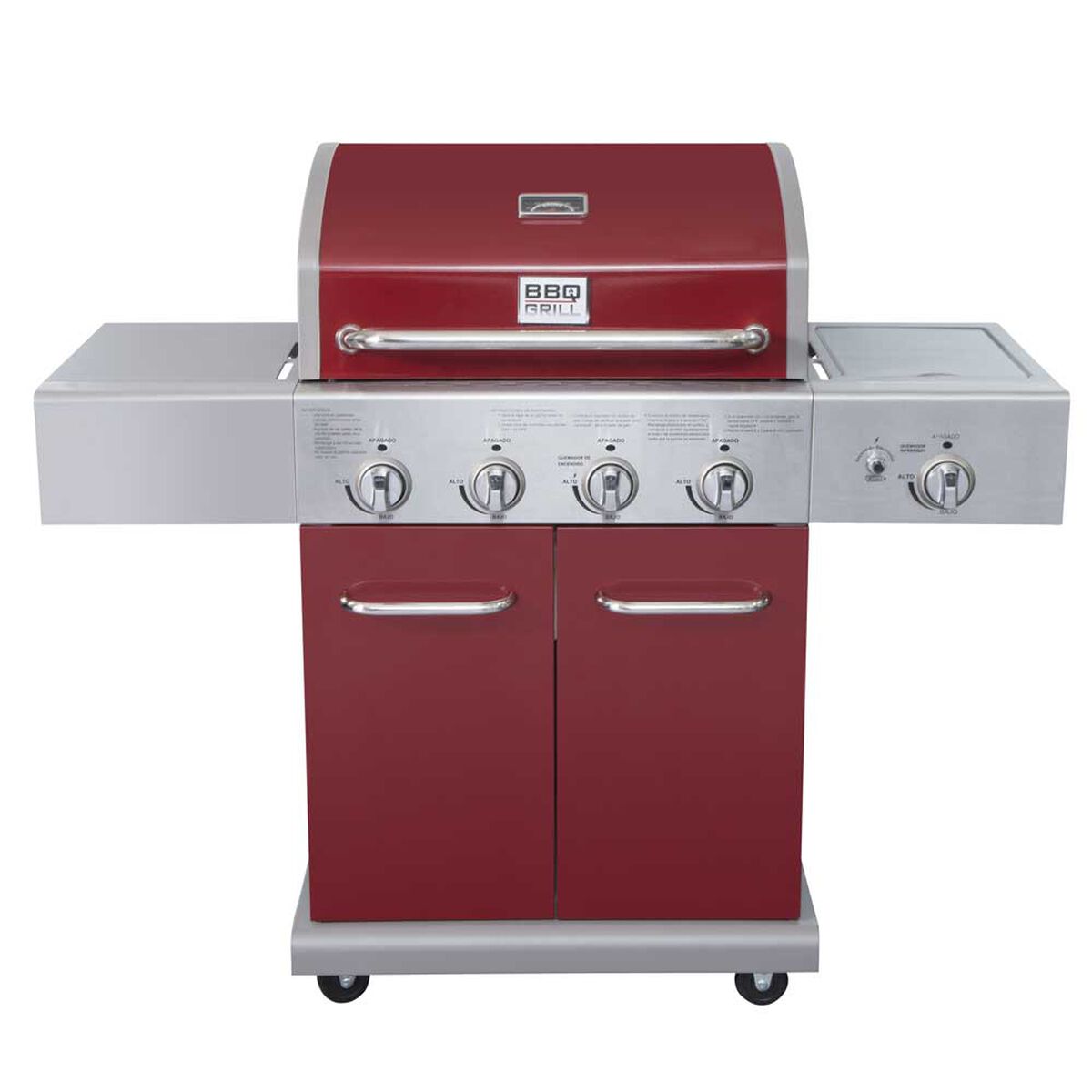 Parrilla a Gas Encendido Electrónico BBQ Grill Texas Acero Inoxidable 4 Quemadores Centrales + 1 Lateral Roja