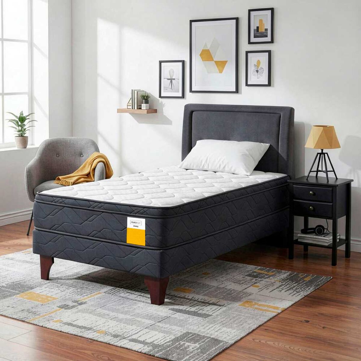 Cama Europea Drimkip 1,5 Plazas Eurotop + Respaldo + Velador Rover