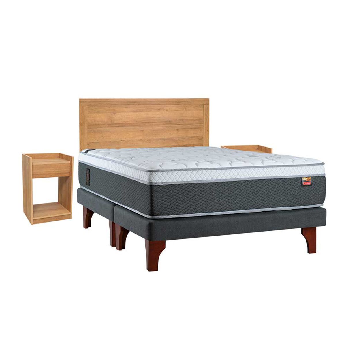 Cama Europea Celta Base Dividida Súper King Everest  + Respaldo + 2 Veladores Aura Honey