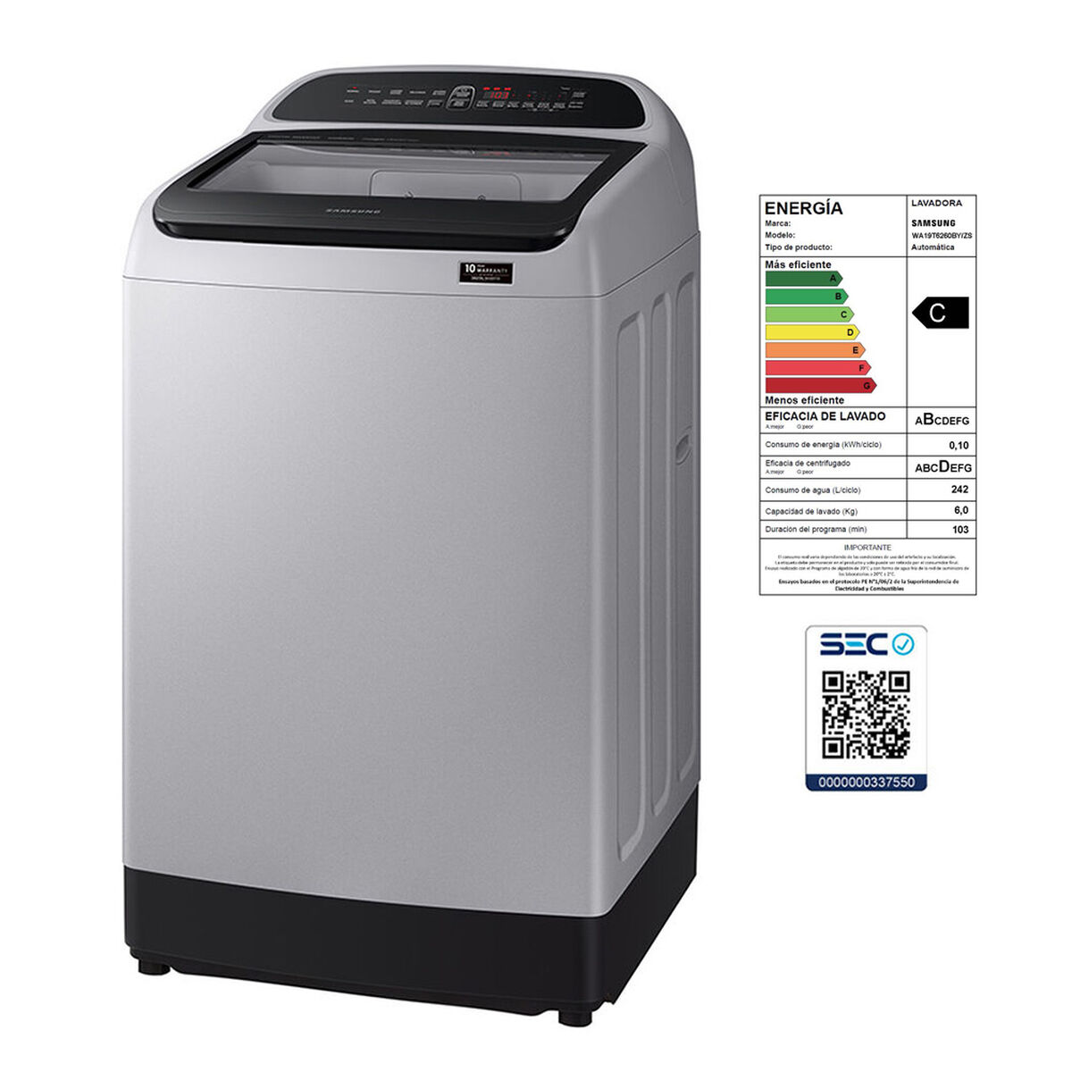 Lavadora Automática Samsung WA19T6260BYZS 19 kg.