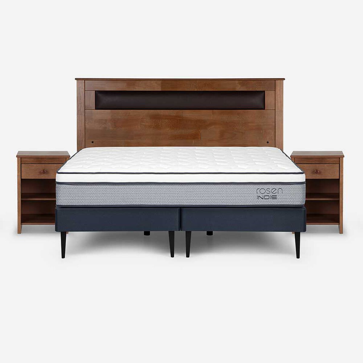 Cama Europea Rosen Base Dividida 2 Plazas Indie + Respaldo + 2 Veladores Ferrera