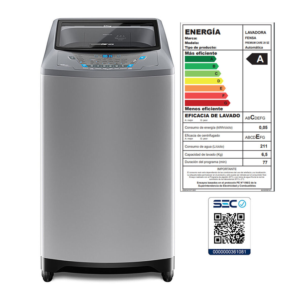 Lavadora Automática Fensa Premium Care 20SZ 20 kg.