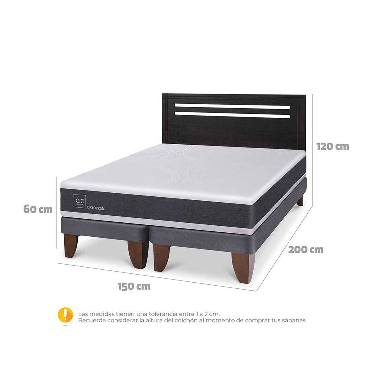 Cama Europea CIC Base Dividida 2 Plazas Ortopedic + Respaldo Munich Negro