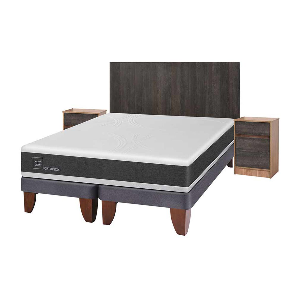 Cama Europea CIC Base Dividida King Ortopedic + Respaldo + 2 Veladores