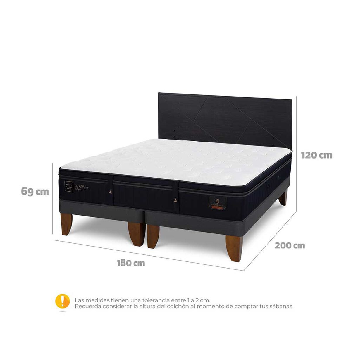 Cama Europea CIC Base Dividida King S&uacute;per Premium + Respaldo Villarrica Negro
