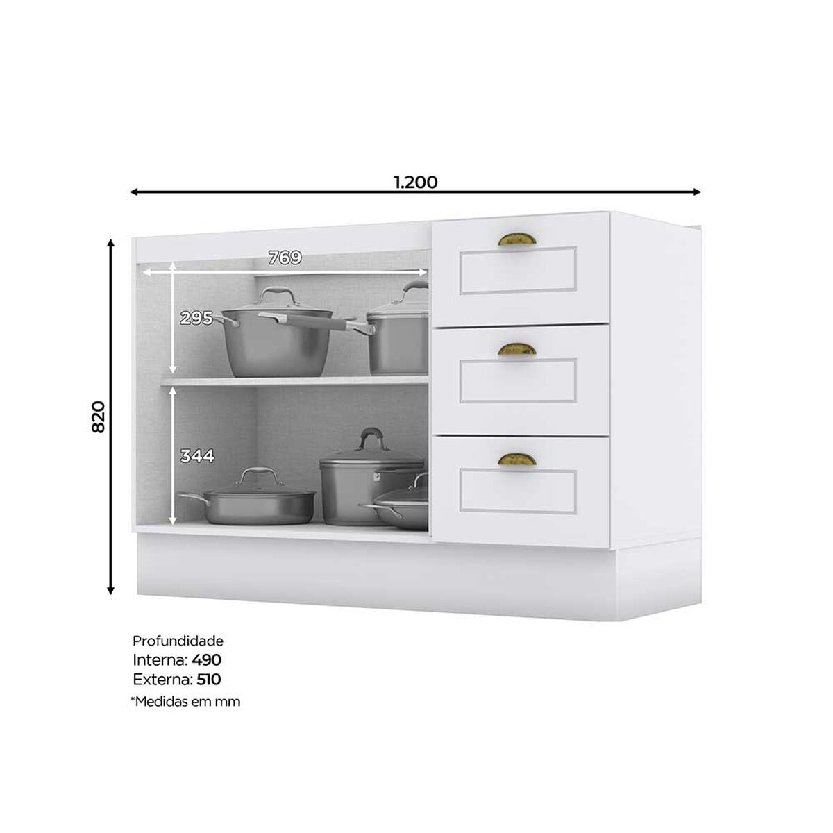 Mueble de Cocina Home Mobili Americana 3 Cajones 2 Puertas Blanco