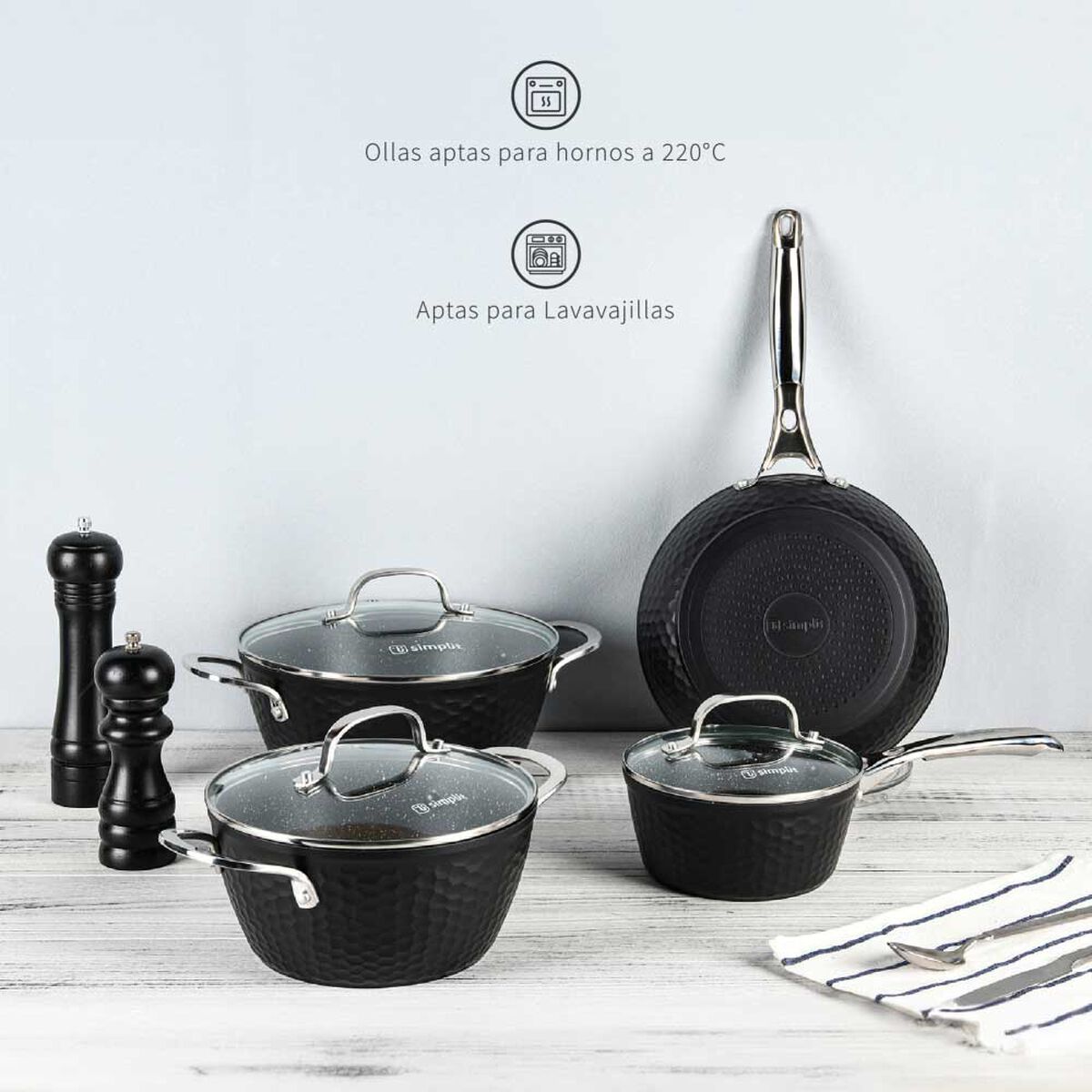 Batería de Cocina Aluminio Forjado Simplit Black Copper 7 Piezas Negro