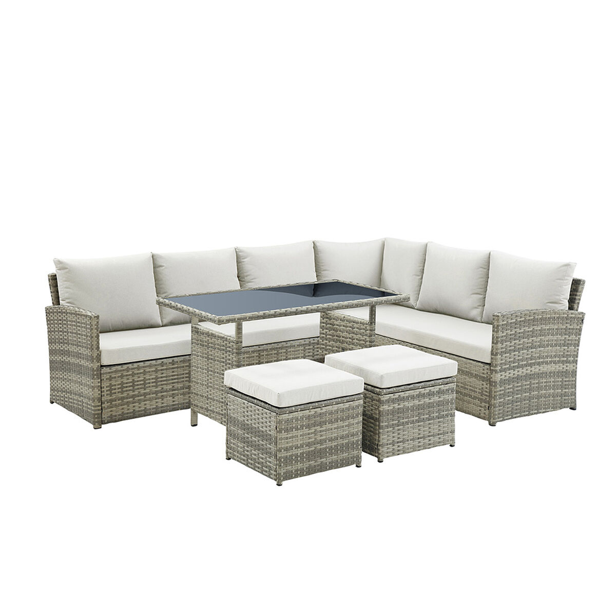 Juego de Terraza Vekkahome Hades Sofá Seccional 6 Cuerpos + Dos Pouf Beige