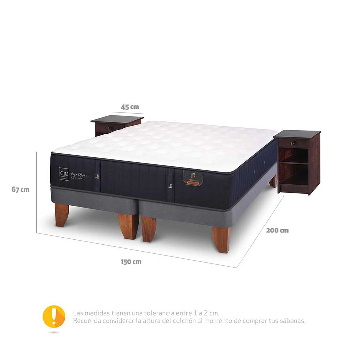 Cama Europea CIC Base Dividida 2 Plazas Premium + 2 Veladores New Dublin Chocolate