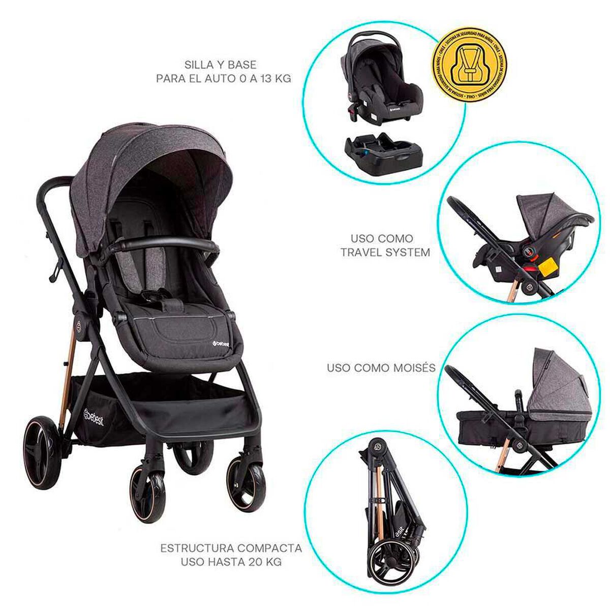 Coche Cuna Travel System Bebe Cosmos con Base Gris Bebesit