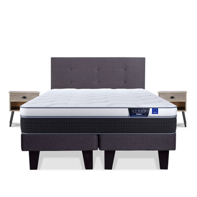 Cama Europea Flex King Nexus Base Dividida + Respaldo Royal Grafito + Veladores Rock