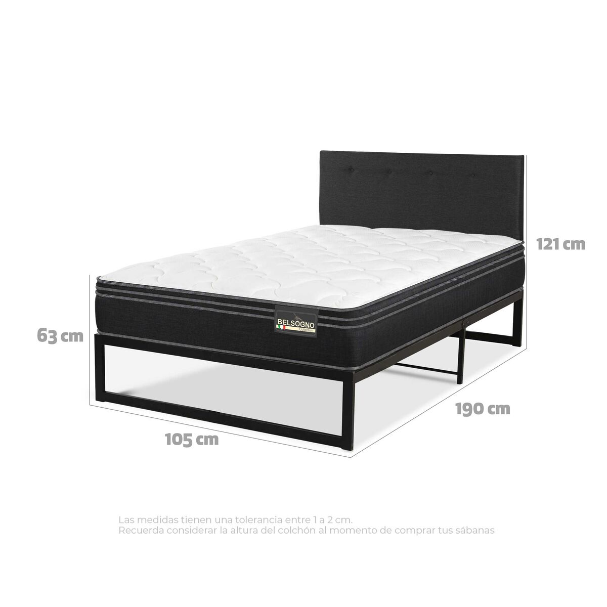 Cama Europea Belsogno 1,5 Plazas Premium + Respaldo Black