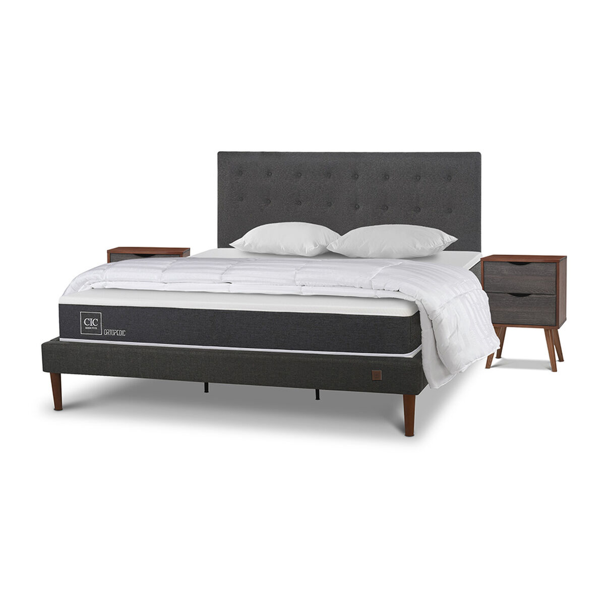 Cama Europea CIC King New Ortopedic + Respaldo Eufrates + 2 Veladores + Almohadas + Plum&oacute;n